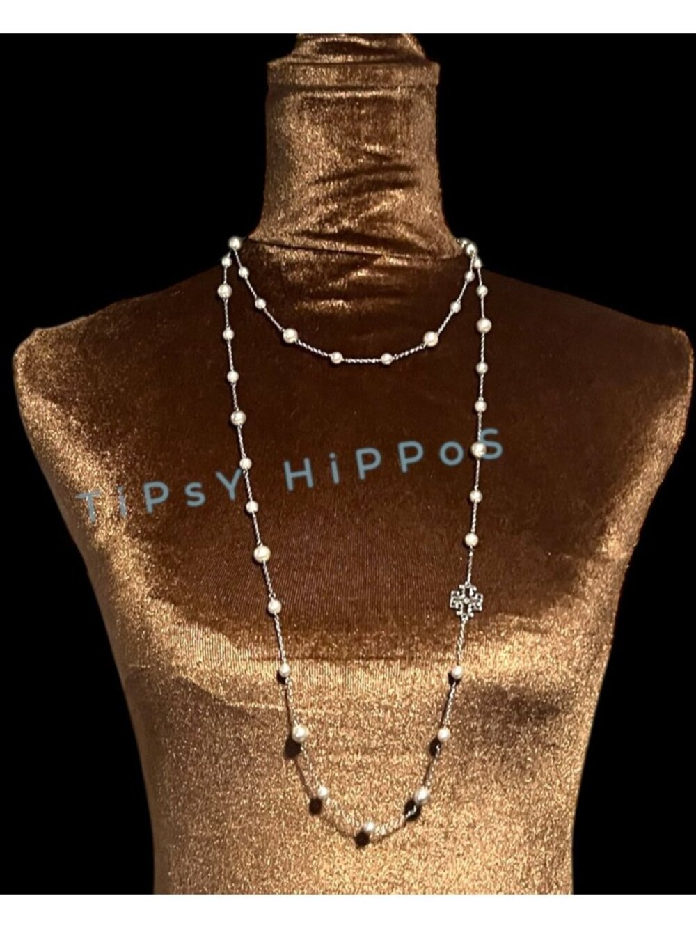Beautiful Tory Burch Britten Silver Chain Link and Pearl Long Necklace